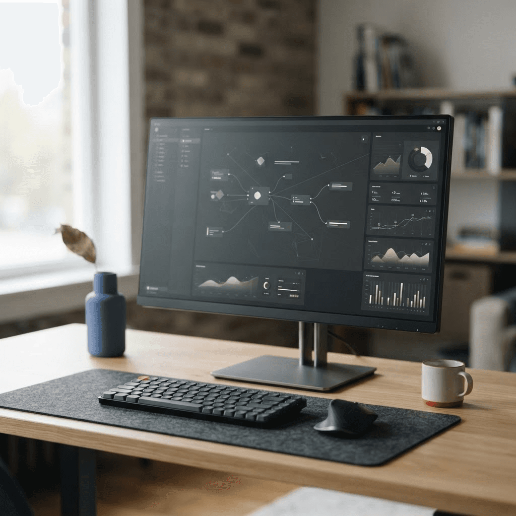 Espace de travail d’un développeur, écran affichant du code dans une ambiance sombre
